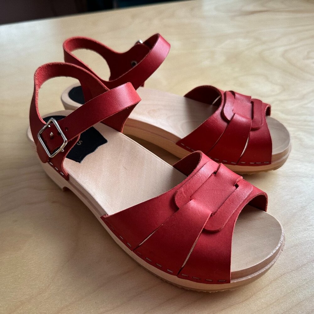 Swedish Hasbeens Red Peep Toe Low Size 38